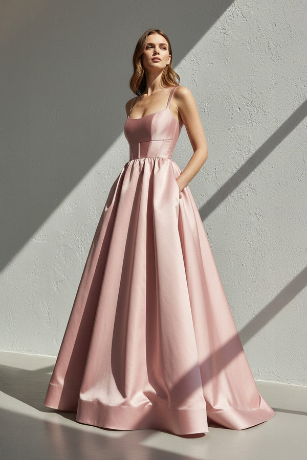 Spaghetti Straps Corset Satin Prom Gown in Pink - SHE IS ME PROM DRESSES