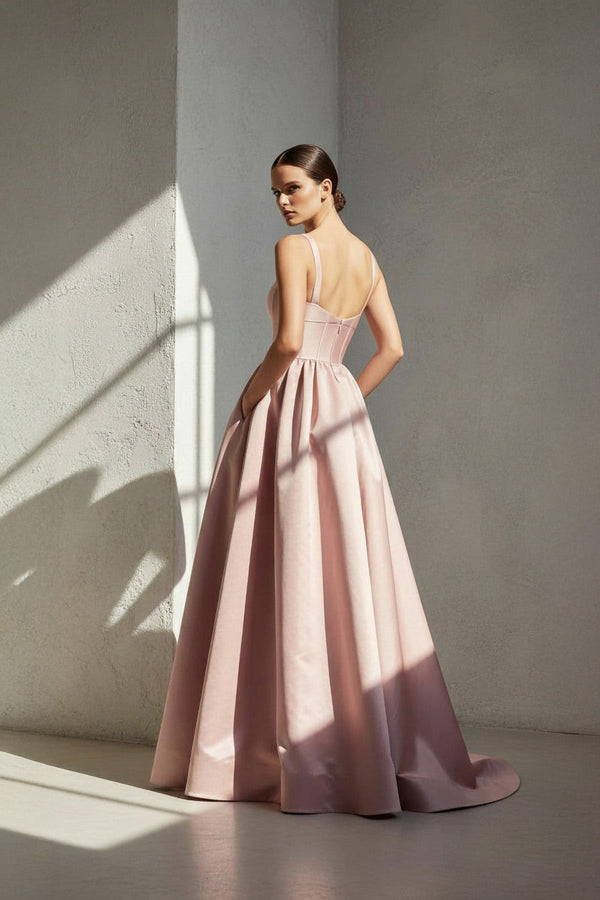 Spaghetti Straps Corset Satin Prom Gown in Pink - SHE IS ME PROM DRESSES