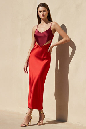 Spaghetti Straps Cutout Midi Dress in Red - SHE IS ME