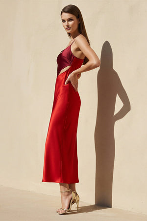 Spaghetti Straps Cutout Midi Dress in Red - SHE IS ME
