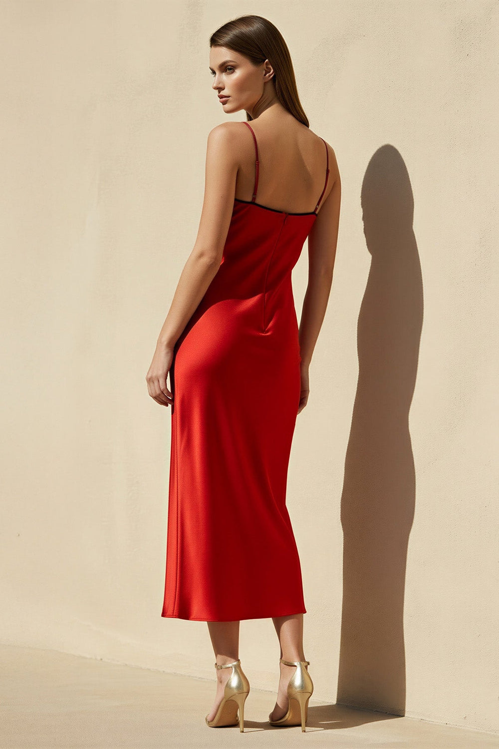Spaghetti Straps Cutout Midi Dress in Red - SHE IS ME