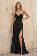 Spaghetti Straps Gown With Lace in Black - SHE IS ME