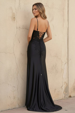 Sheisme-Black Satin Spaghetti Strap Sheath Maxi Dress with Beading Lace Appliques Formal Evening Dress