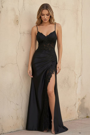 Sheisme-Black Satin Spaghetti Strap Sheath Maxi Dress with Beading Lace Appliques Formal Evening Dress