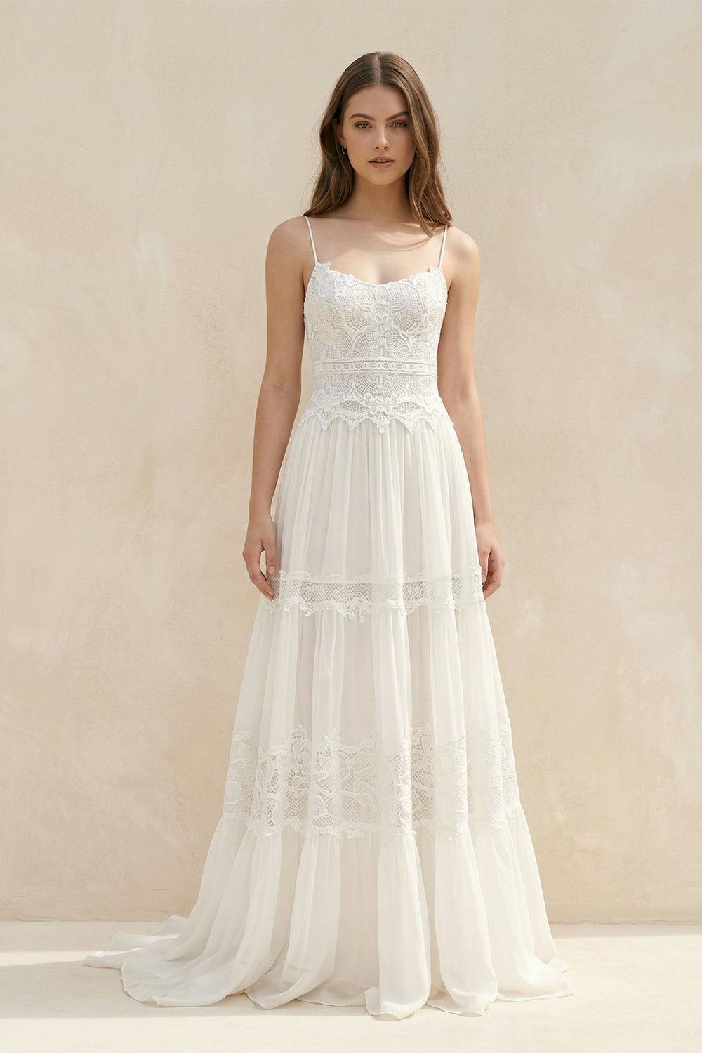 Spaghetti Straps Lace A - Line Ruffled Boho Wedding Dress in White - SHE IS ME Wedding Dresses