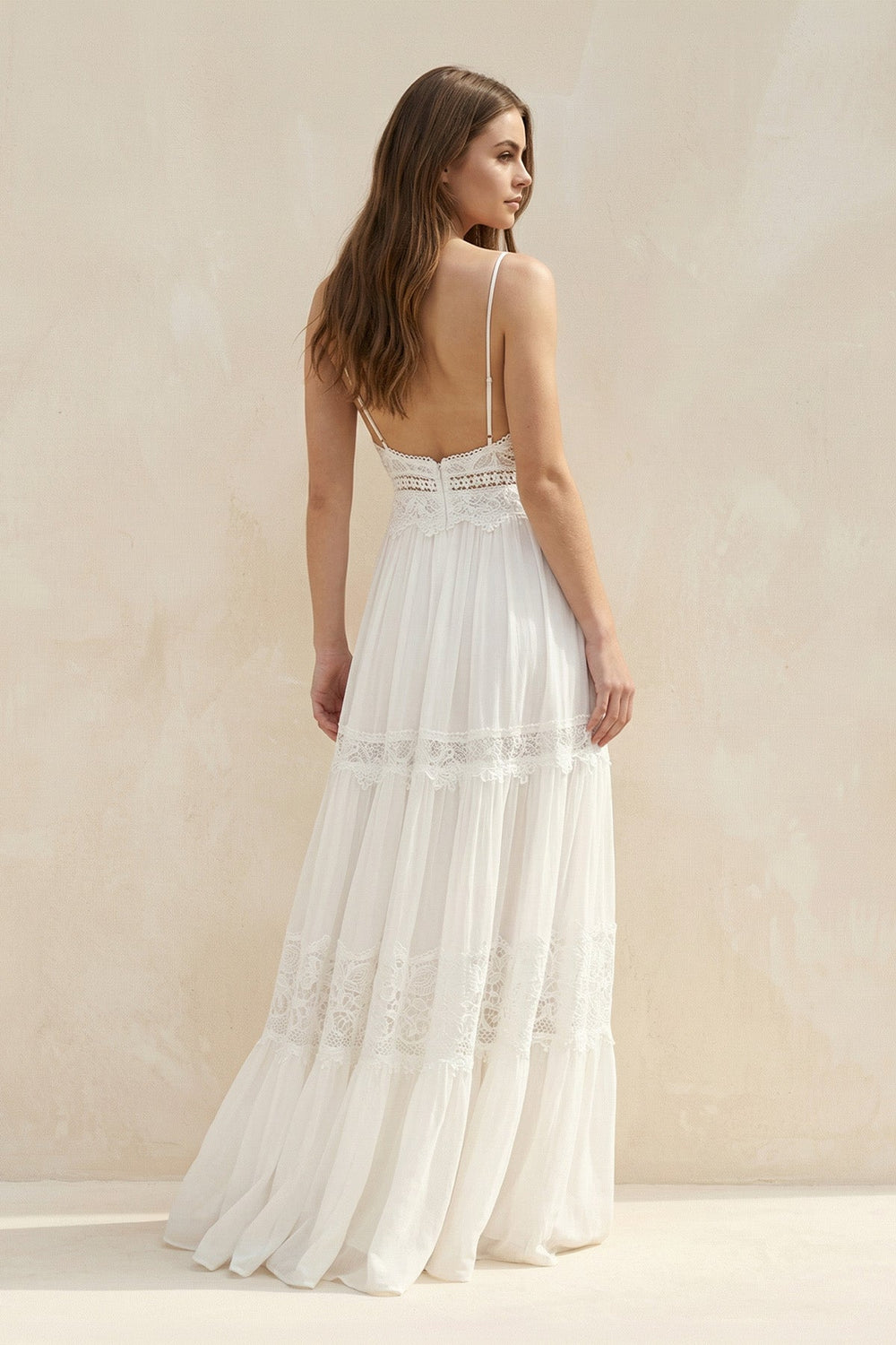 Spaghetti Straps Lace A - Line Ruffled Boho Wedding Dress in White - SHE IS ME Wedding Dresses