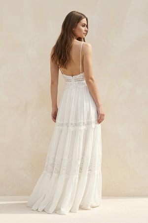 Spaghetti Straps Lace A - Line Ruffled Boho Wedding Dress in White - SHE IS ME Wedding Dresses