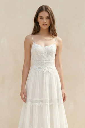 Spaghetti Straps Lace A - Line Ruffled Boho Wedding Dress in White - SHE IS ME Wedding Dresses