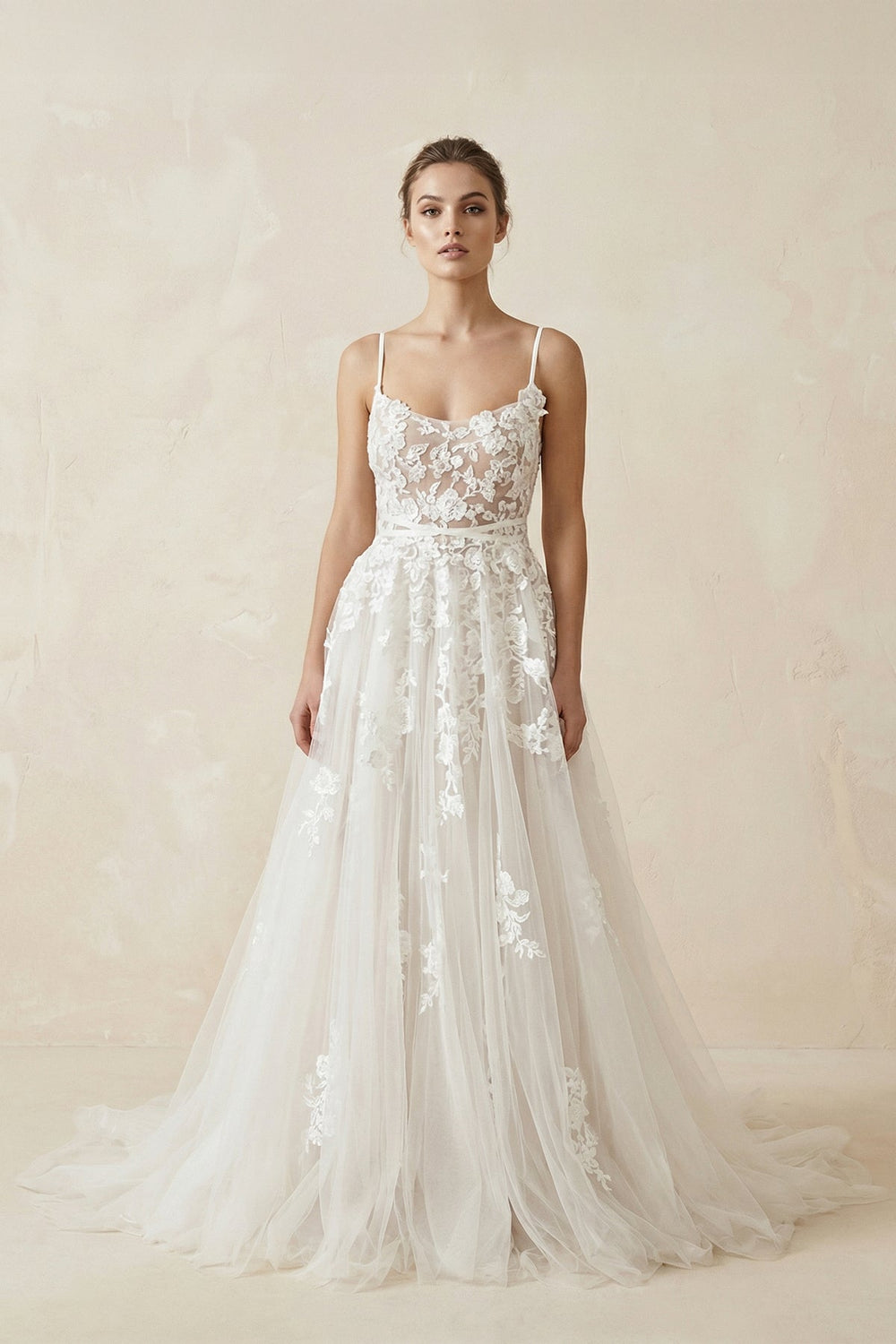 Spaghetti Straps Lace A Line Wedding Dress in Ivory - SHE IS ME Wedding Dresses