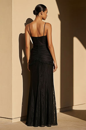 Sheisme-Black Lace Spaghetti Straps Sheath Maxi Evening Formal Dress with Split