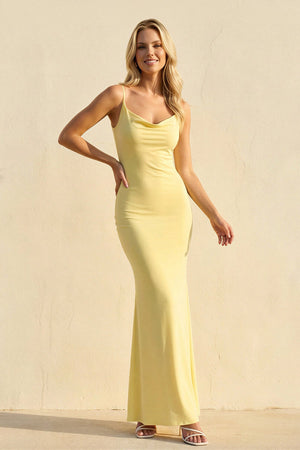 Spaghetti Straps Maxi Dress With Lace in Yellow - SHE IS ME Prom Dresses