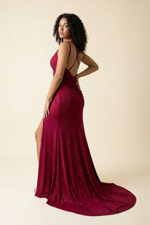 Spaghetti Straps Mermaid Beaded Maxi Dress With Slit in Burgundy - SHE IS ME PROM DRESSES