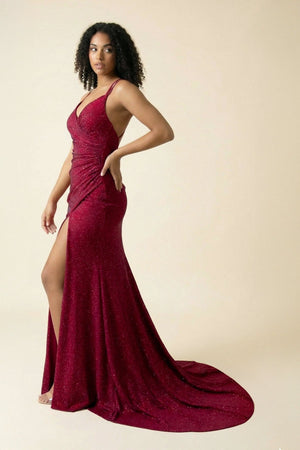 Spaghetti Straps Mermaid Beaded Maxi Dress With Slit in Burgundy - SHE IS ME PROM DRESSES