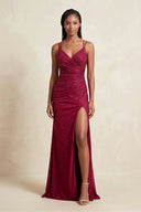 Spaghetti Straps Mermaid Beaded Maxi Dress With Slit in Burgundy - SHE IS ME PROM DRESSES
