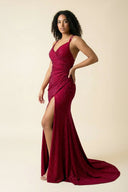 Spaghetti Straps Mermaid Beaded Maxi Dress With Slit in Burgundy - SHE IS ME PROM DRESSES
