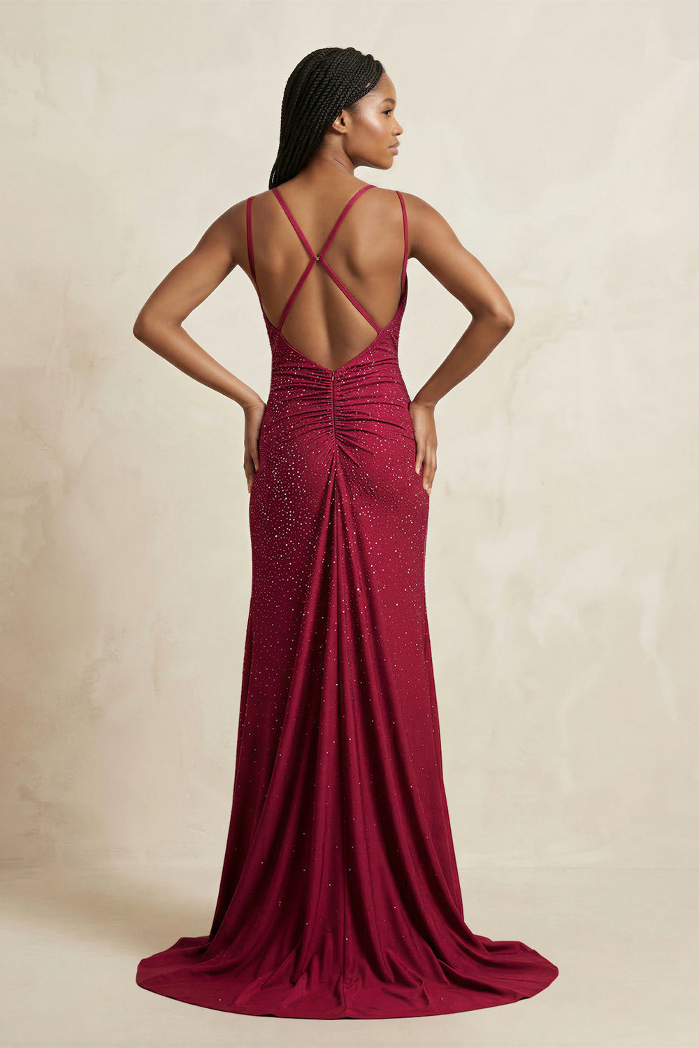 Spaghetti Straps Mermaid Beaded Maxi Dress With Slit in Burgundy - SHE IS ME PROM DRESSES