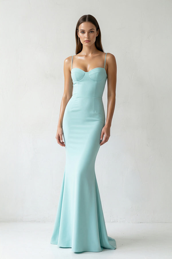 Sheisme-Aqua Spaghetti Straps Satin Mermaid Maxi Evening Formal Dress