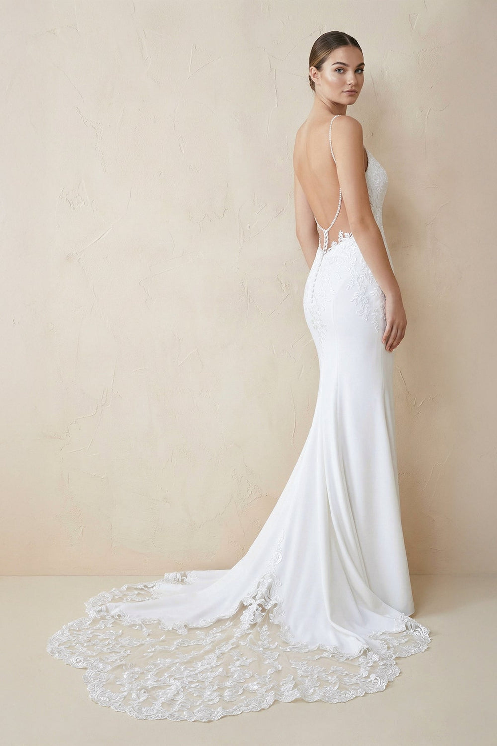 Spaghetti Straps Mermaid Lace Backless Wedding Dress in White - SHE IS ME Wedding Dresses