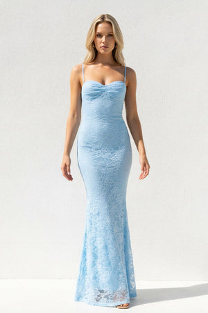 Spaghetti Straps Mermaid Lace Gown in Sky Blue - SHE IS ME