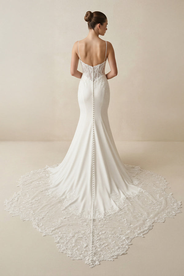 Spaghetti Straps Mermaid Satin Appliqued Wedding Dress in White - SHE IS ME Wedding Dresses