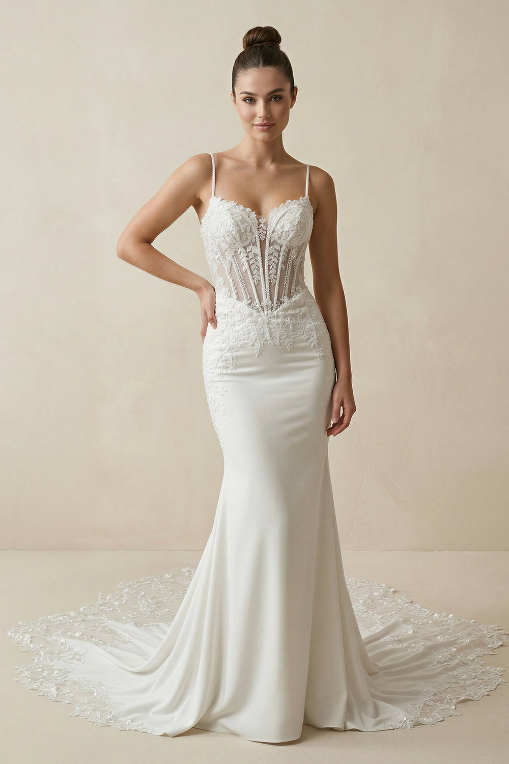 Spaghetti Straps Mermaid Satin Appliqued Wedding Dress in White - SHE IS ME Wedding Dresses