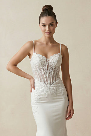Spaghetti Straps Mermaid Satin Appliqued Wedding Dress in White - SHE IS ME Wedding Dresses