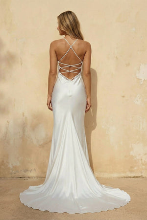 Spaghetti Straps Mermaid Satin Wedding Dress in White - SHE IS ME Wedding Dresses