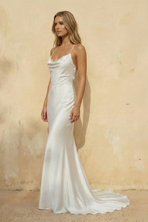 Spaghetti Straps Mermaid Satin Wedding Dress in White - SHE IS ME Wedding Dresses