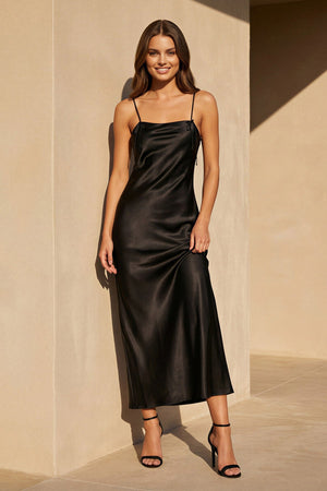 Spaghetti Straps Midi Dress With Lace in Black - SHE IS ME