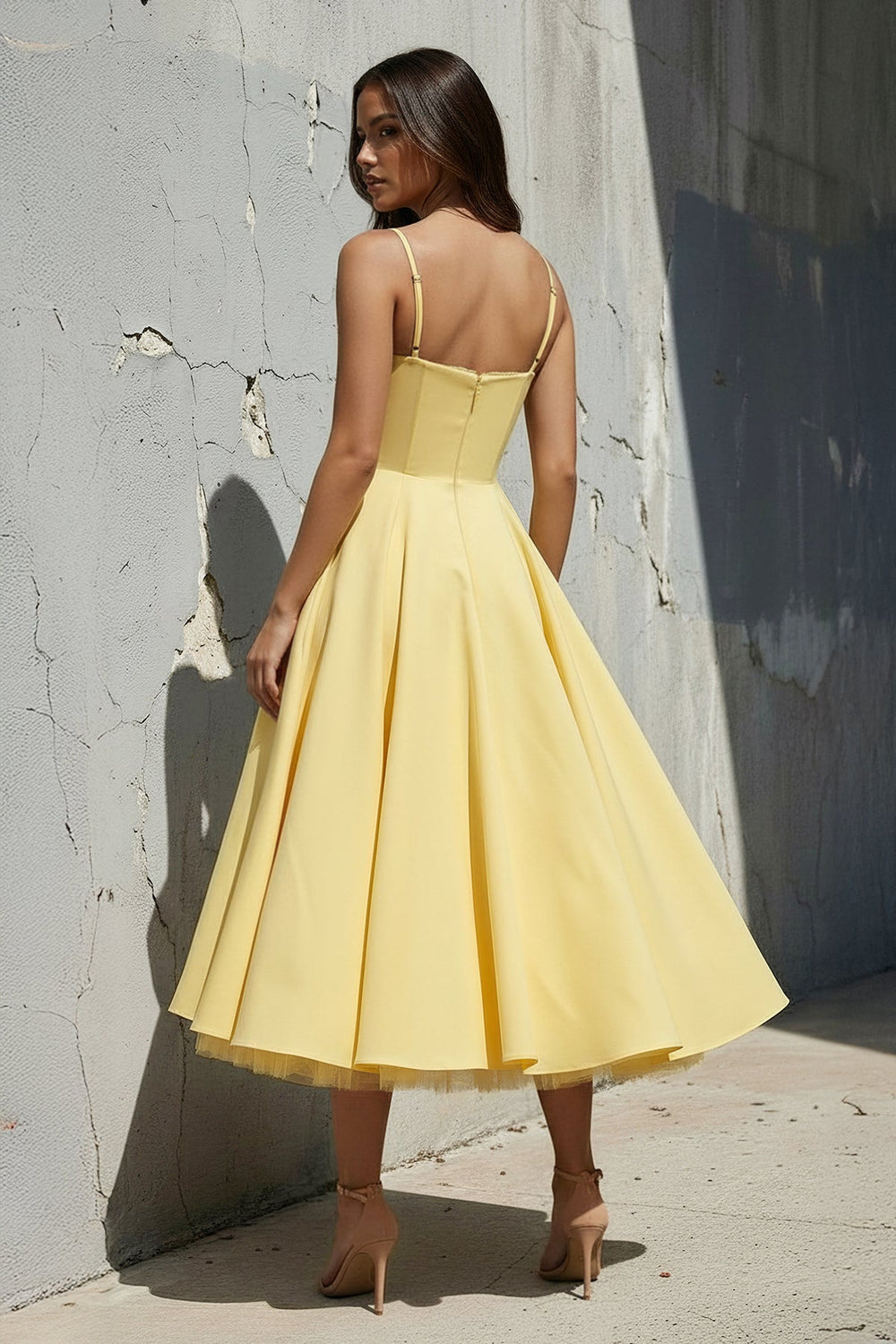 Spaghetti Straps Midi Dress With Lace - Trim in Yellow - SHE IS ME