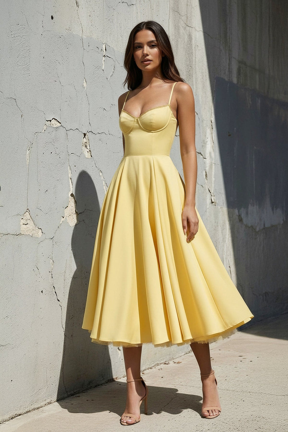 Spaghetti Straps Midi Dress With Lace - Trim in Yellow - SHE IS ME