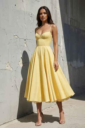 Spaghetti Straps Midi Dress With Lace - Trim in Yellow - SHE IS ME