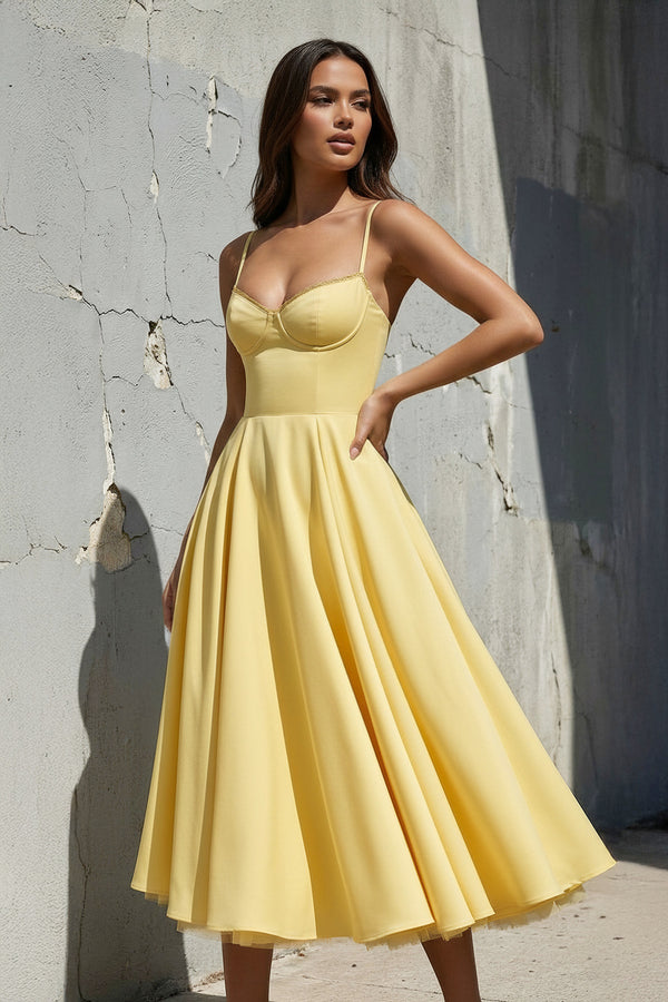 Sheisme-Yellow Stretch-Crepe Spaghetti Straps A-Line Midi Evening Formal Dress