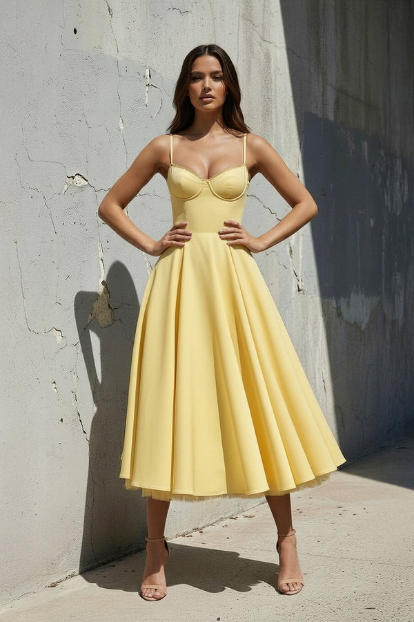 Sheisme-Yellow Stretch-Crepe Spaghetti Straps A-Line Midi Evening Formal Dress