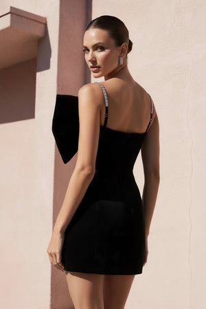 Spaghetti Straps Mini Dress With Bow in Black - SHE IS ME