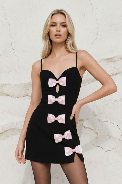 Spaghetti Straps Mini Dress With Bow in Black and Pink - SHE IS ME