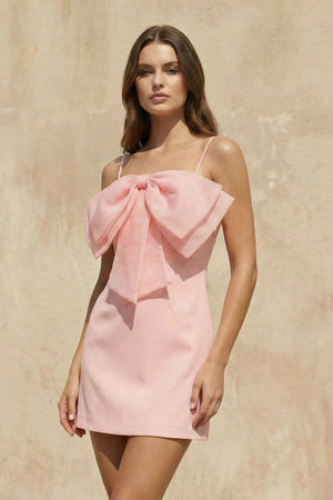 Spaghetti Straps Mini Dress With Bow in Pink - SHE IS ME