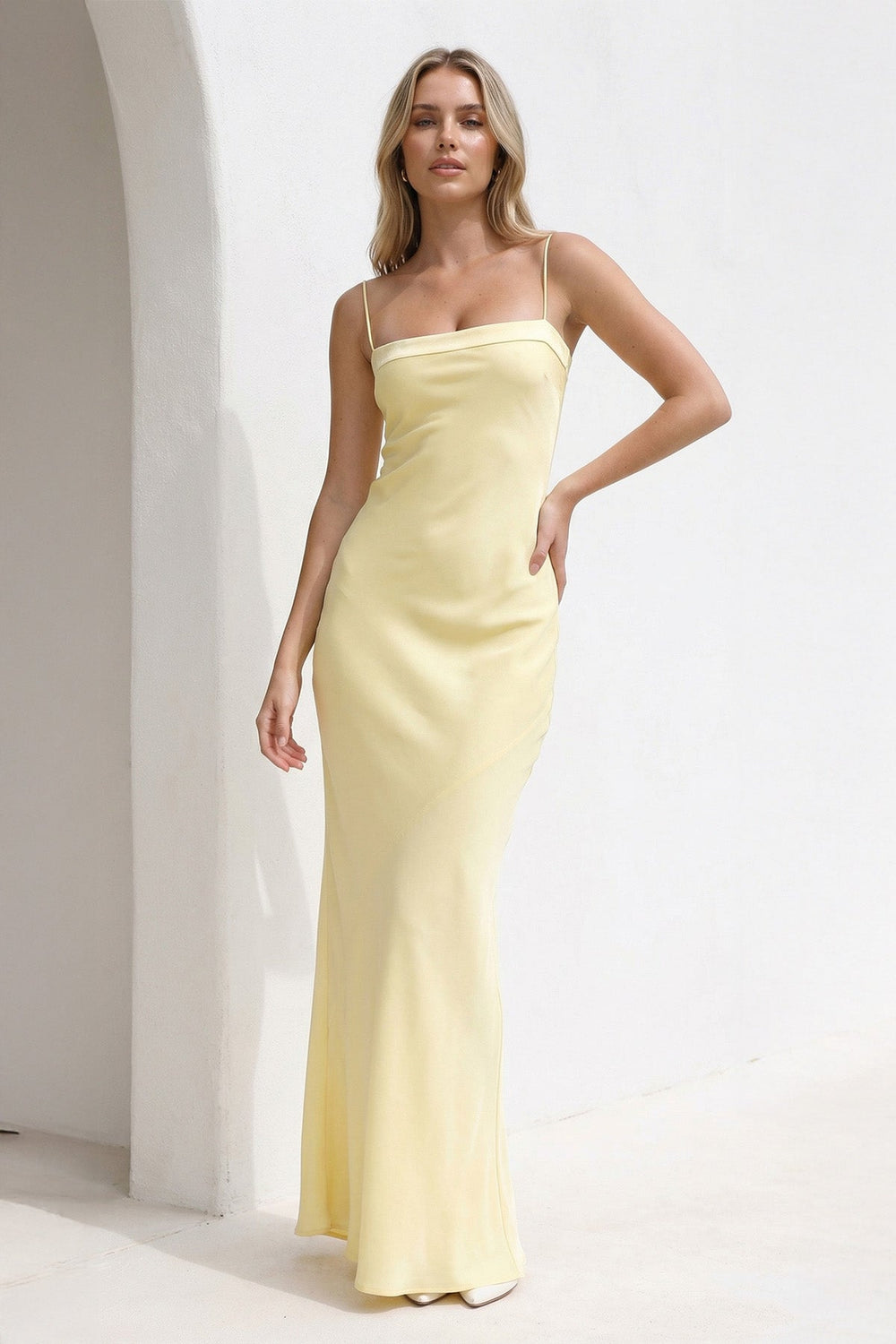 Spaghetti Straps Open Back Maxi Dress in Yellow - SHE IS ME Prom Dresses