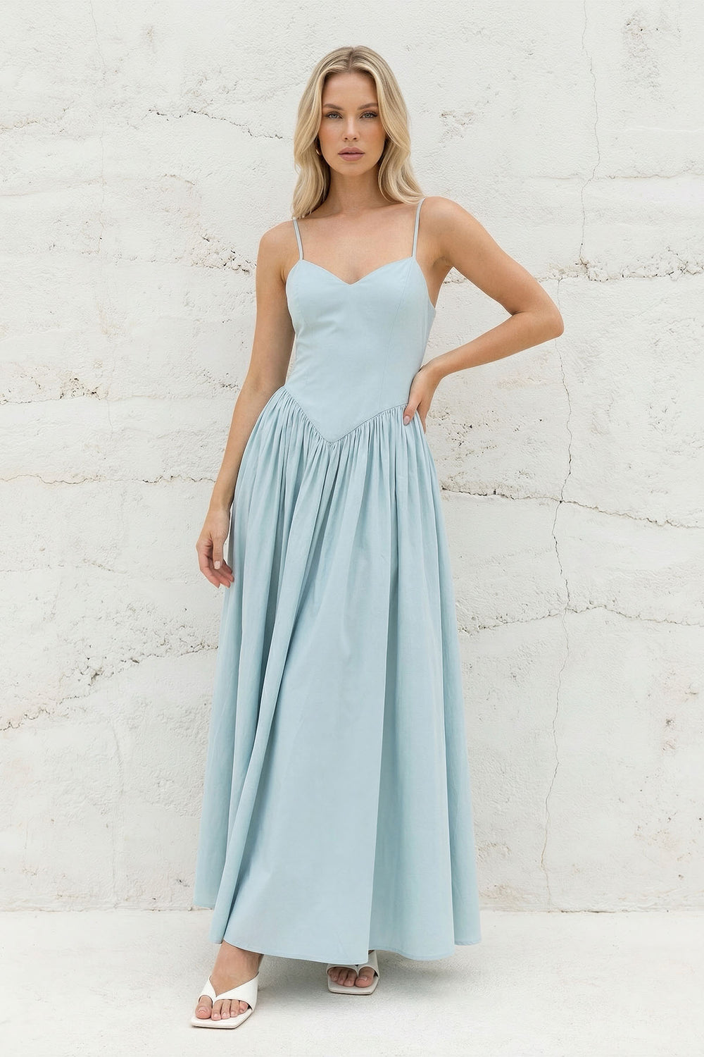 Sheisme-Sky Blue Taffeta Spaghetti Straps A-Line Maxi Evening Formal Dress