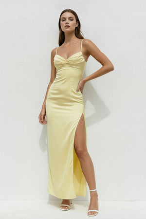 Spaghetti Straps Pleated Midi Dress With Slit in Yellow - SHE IS ME
