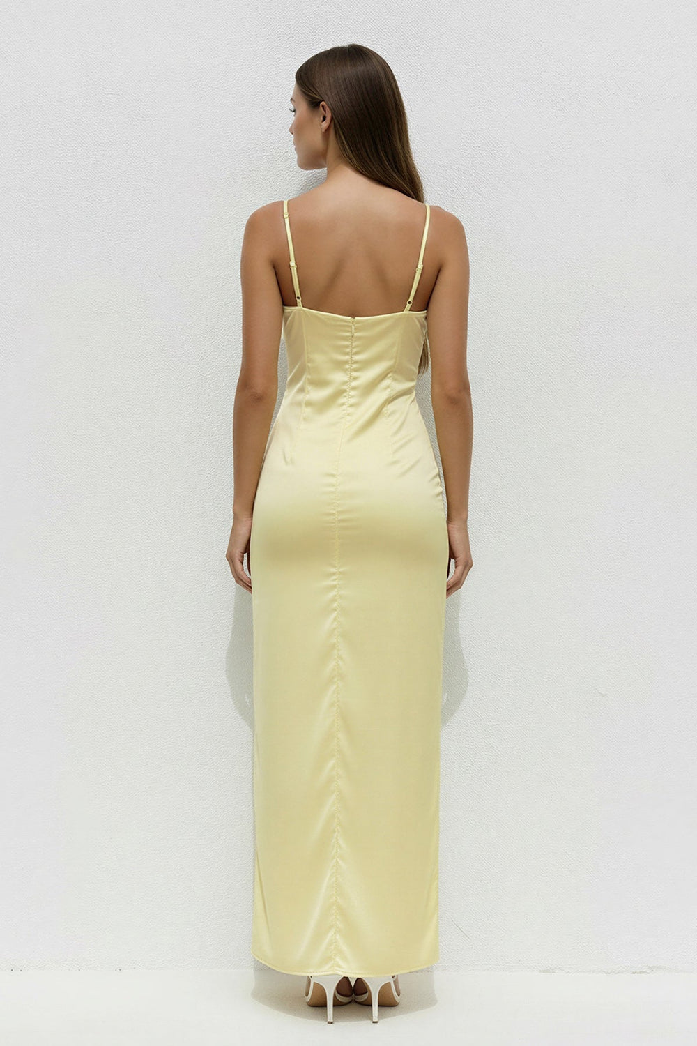 Spaghetti Straps Pleated Midi Dress With Slit in Yellow - SHE IS ME