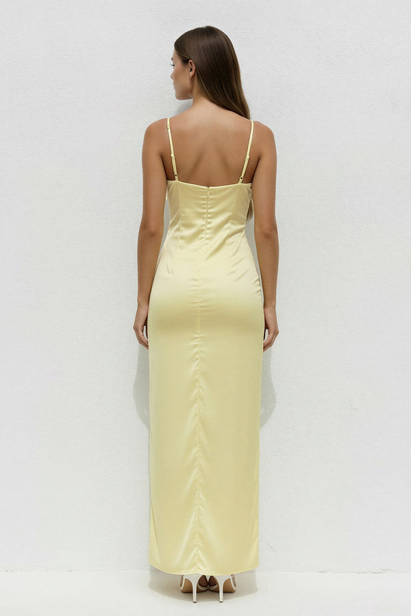 Spaghetti Straps Pleated Midi Dress With Slit in Yellow - SHE IS ME