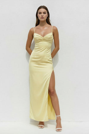 Spaghetti Straps Pleated Midi Dress With Slit in Yellow - SHE IS ME
