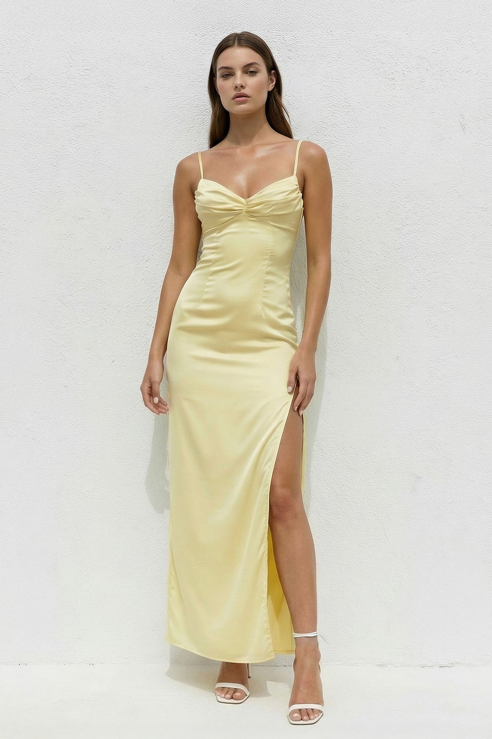 Spaghetti Straps Pleated Midi Dress With Slit in Yellow - SHE IS ME