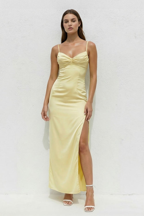 Spaghetti Straps Pleated Midi Dress With Slit in Yellow - SHE IS ME