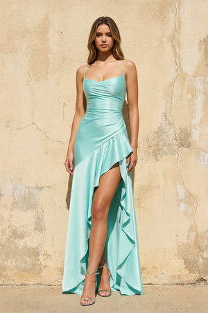 Spaghetti Straps Ruched Maxi Dress in Aqua - SHE IS ME