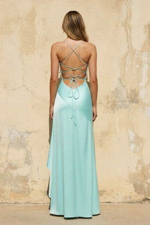 Spaghetti Straps Ruched Maxi Dress in Aqua - SHE IS ME PROM DRESSES