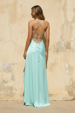 Sheisme-Mint Green Satin Spaghetti Straps Sheath Maxi Evening Formal Dress