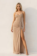 Spaghetti Straps Ruched Maxi Dress With Slit in Champagne - SHE IS ME PROM DRESSES