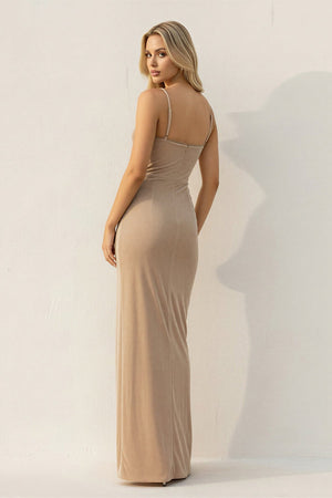 Spaghetti Straps Ruched Maxi Dress With Slit in Champagne - SHE IS ME